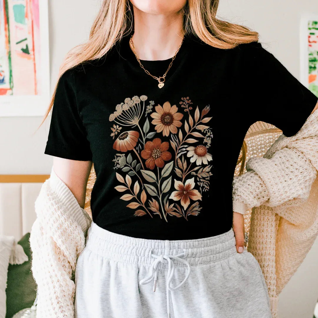 Folk art vintage fall floral graphic tee in black — earthy rust and sage botanical print