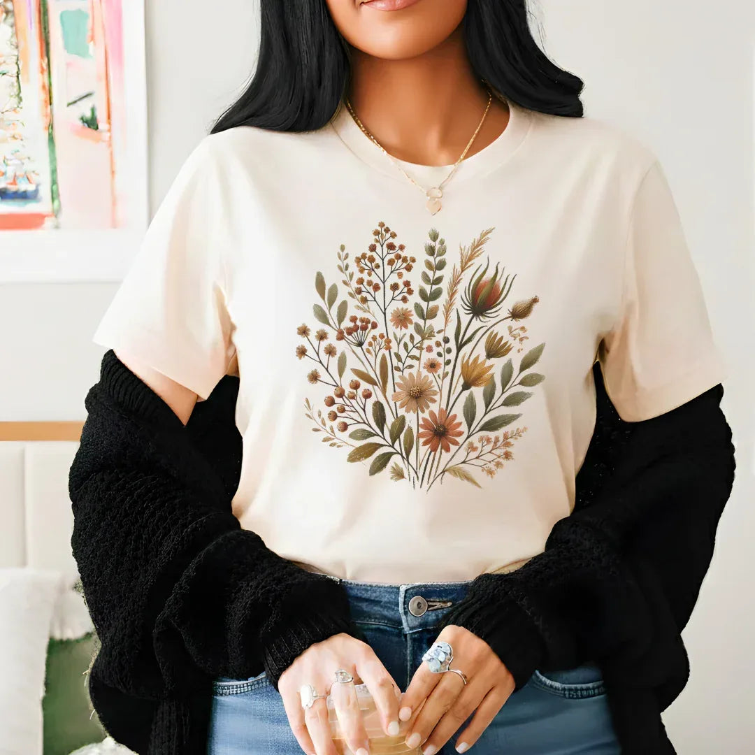 Folk art wildflower graphic tee styled with jeans — cottagecore boho nature lover shirt