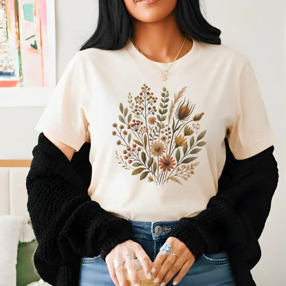 Folk art wildflower graphic tee styled with jeans — cottagecore boho nature lover shirt