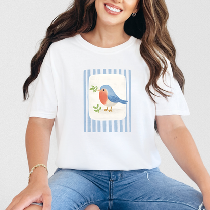 Folk bluebird striped frame t-shirt white Comfort Colors 1717