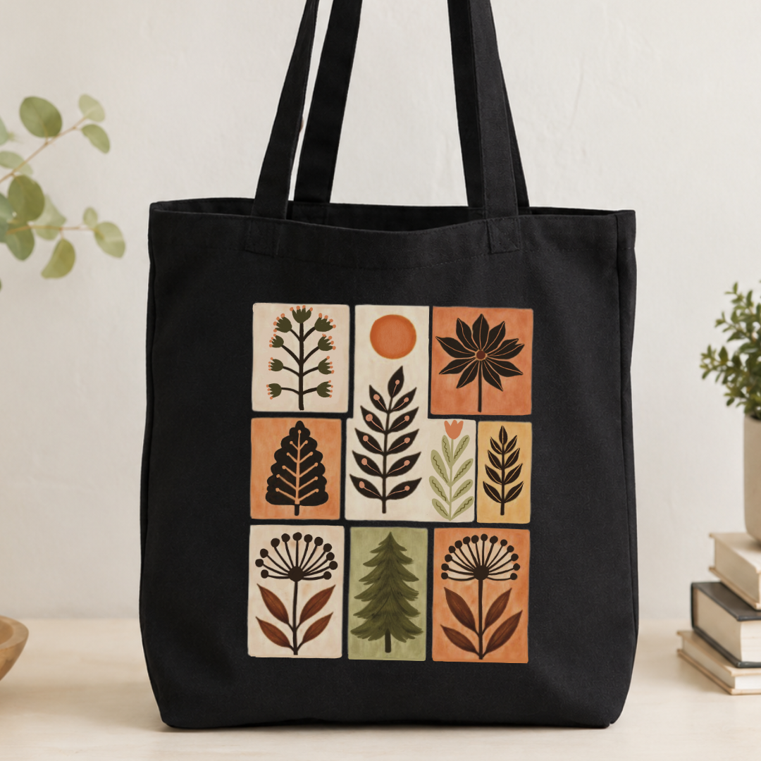 Folk botanical grid print, black canvas cotton tote bag
