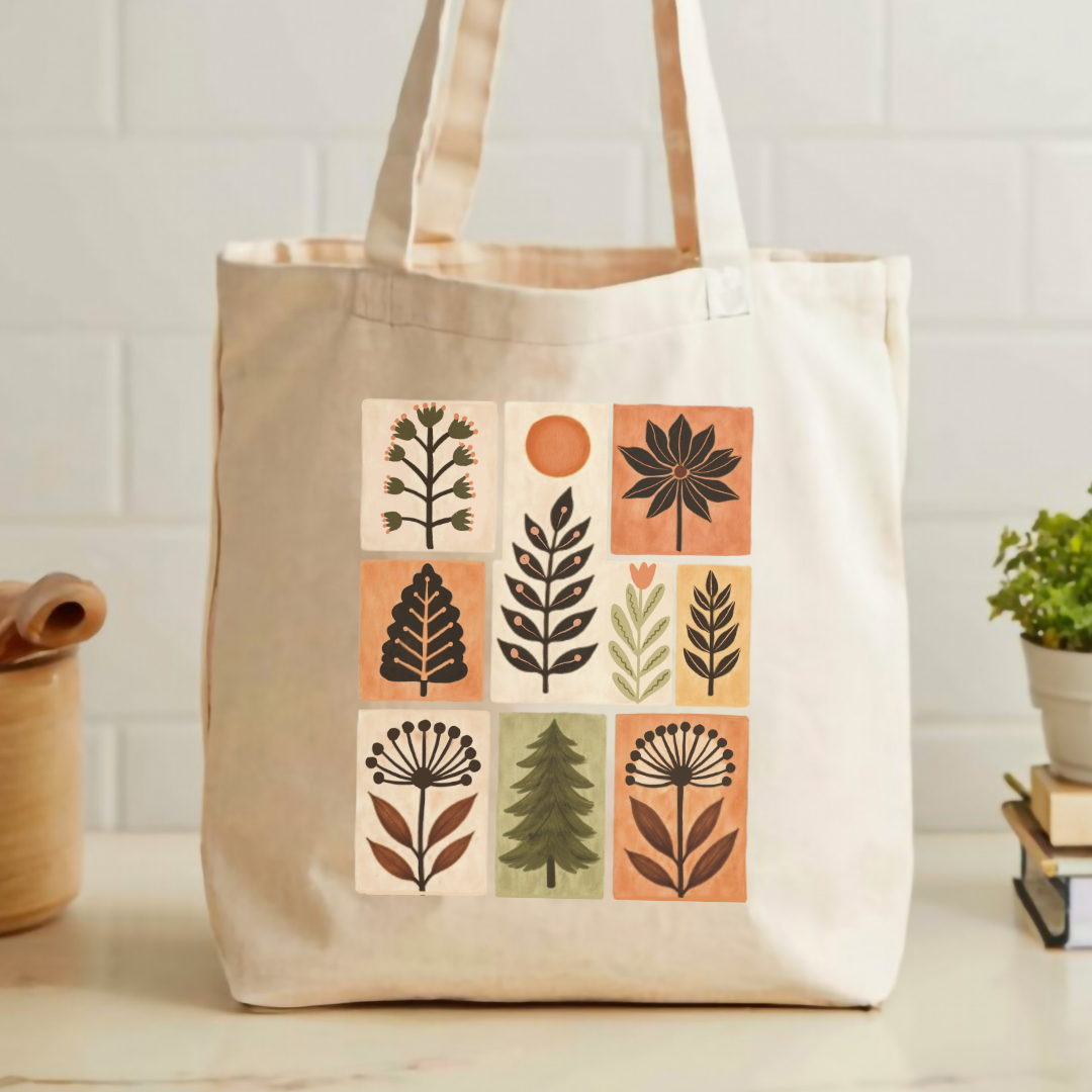 Folk botanical grid print, natural canvas cotton tote bag