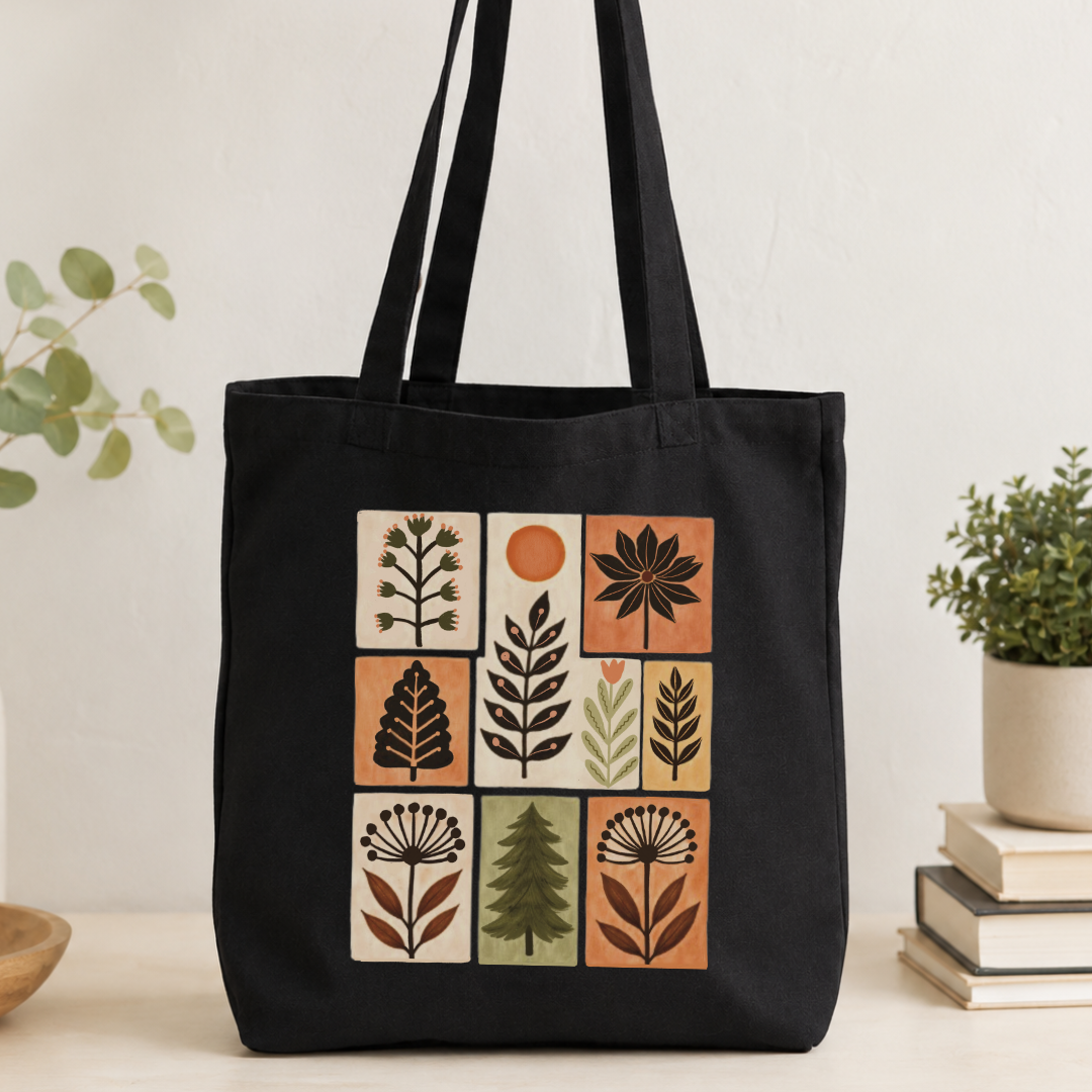 Folk botanical grid tote bag with leaves, flowers and sun, black canvas cotton tote