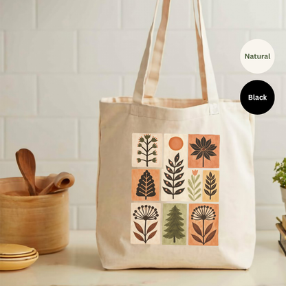 Folk botanical grid tote bag with leaves, flowers and sun, natural canvas cotton tote