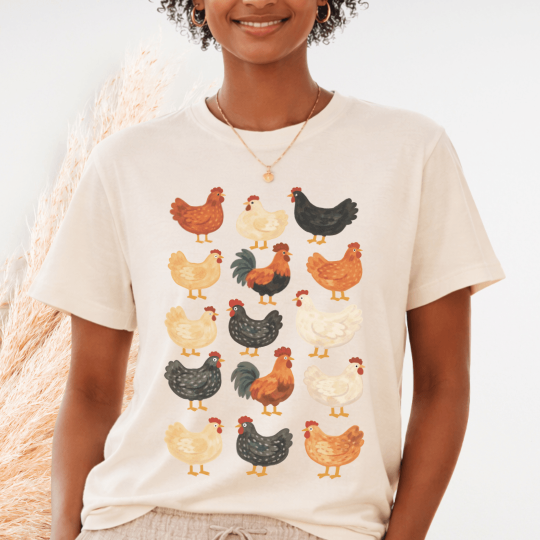 Folk chicken pattern t-shirt natural Bella+Canvas 3001
