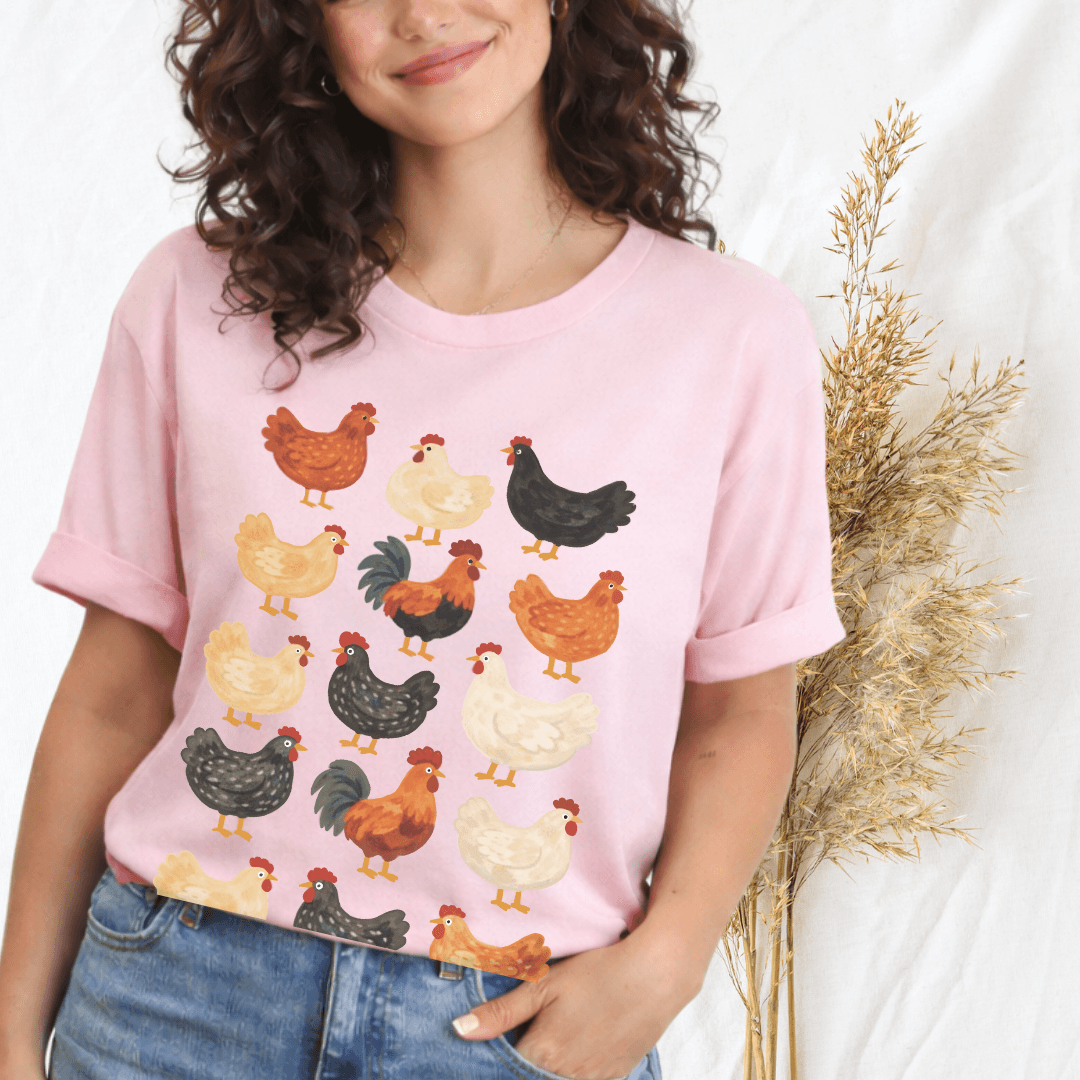 Folk chicken pattern t-shirt soft pink Bella+Canvas 3001