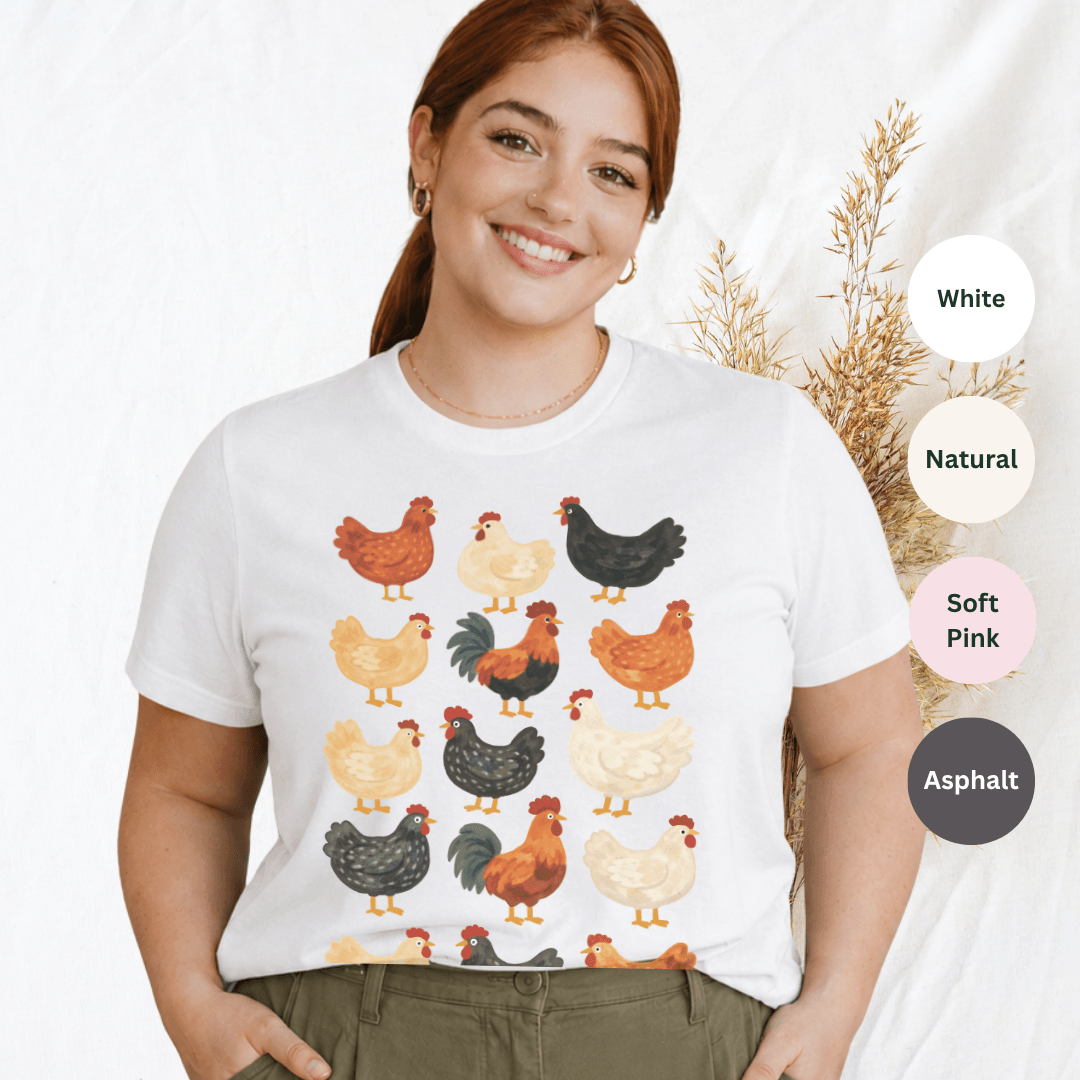 Folk chicken pattern t-shirt white Bella+Canvas 3001
