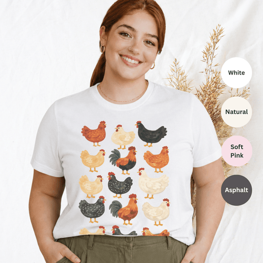 Folk chicken pattern t-shirt white Bella+Canvas 3001