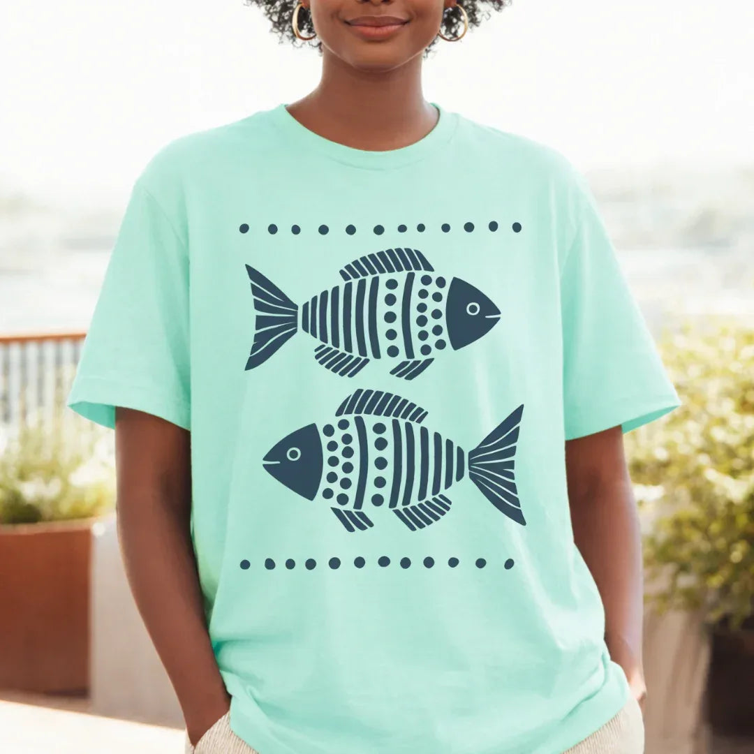 Folk fish graphic tee in heather mint — cottagecore coastal summer tee by The Folk Brush