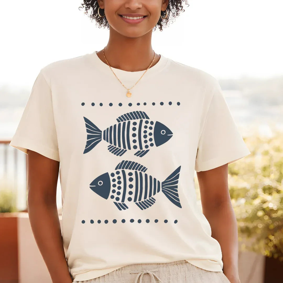 Folk fish graphic tee in natural color — boho coastal nature lover t-shirt