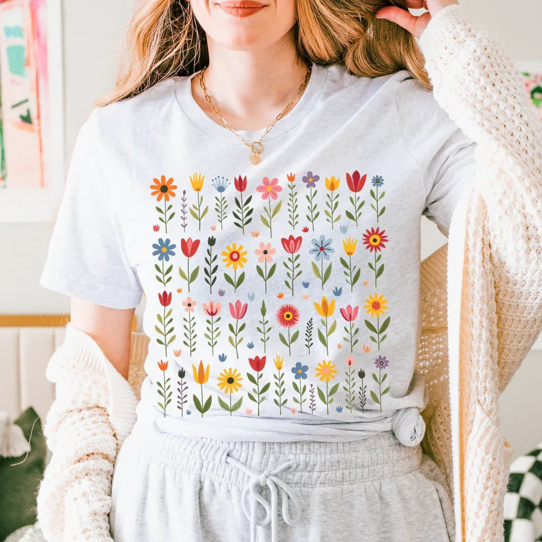 Folk floral garden grid tee in ash — Bella+Canvas 3001 colorful pattern shirt