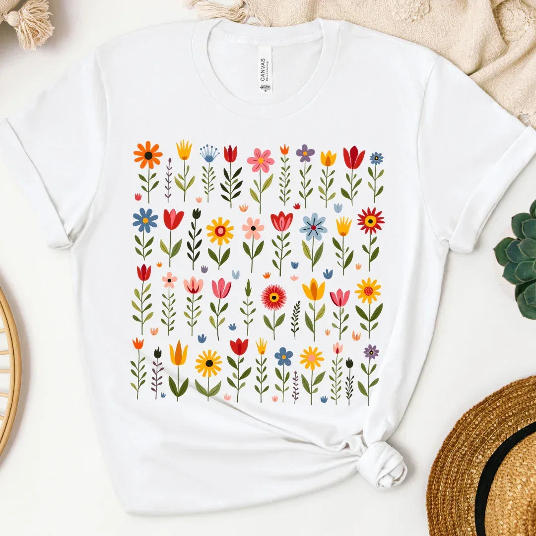 Folk floral garden grid tee in white — Bella+Canvas 3001 shirt