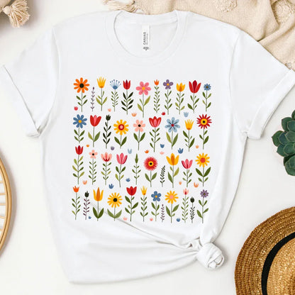 Folk floral garden grid tee in white — Bella+Canvas 3001 shirt