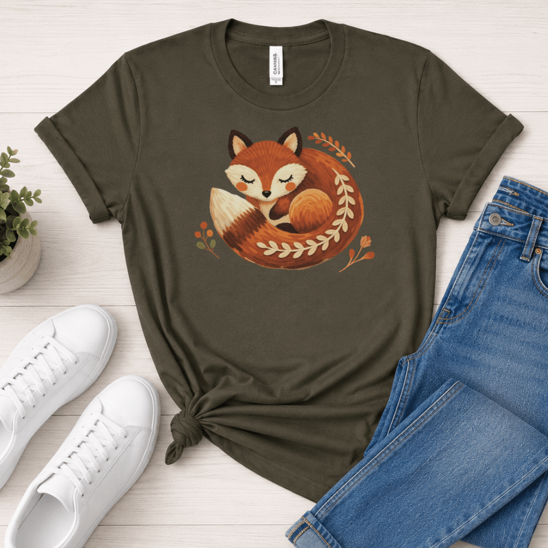 Folk fox print t-shirt army green unisex fit