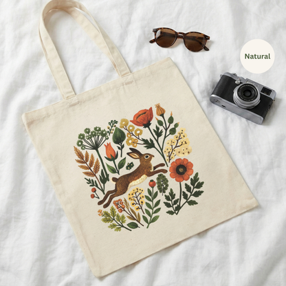 Folk hare and wildflowers tote bag, natural canvas cotton tote