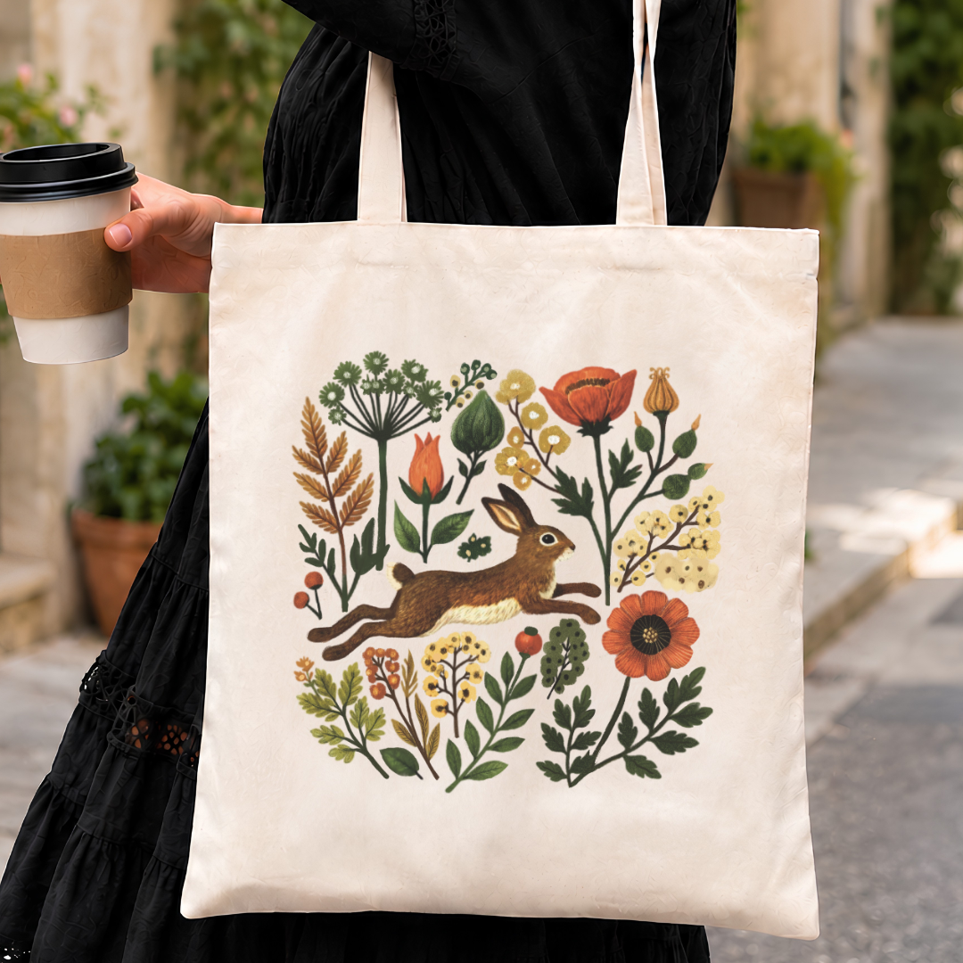 Folk hare wildflower tote bag, natural canvas cotton tote