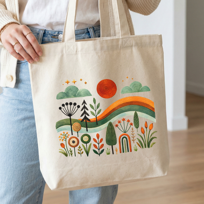 Folk landscape print with orange sun and green hills, natural canvas cotton tote bag