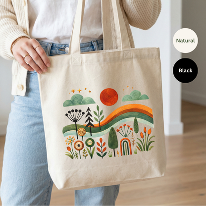 Folk landscape tote bag with sun, rolling hills, trees and wildflowers, natural canvas cotton tote