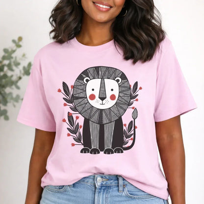 Folk lion illustration tee in light pink — playful folk art graphic shirt by The Folk Brush