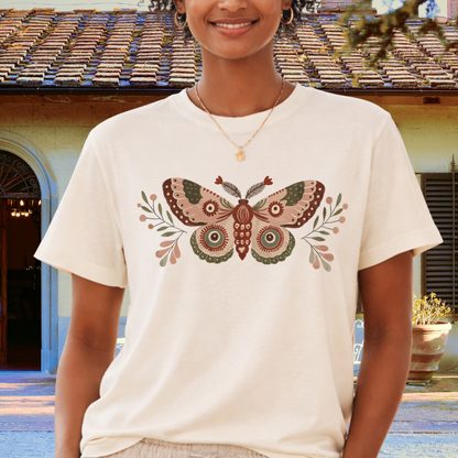 Folk moth graphic t-shirt natural Bella+Canvas 3001 front view