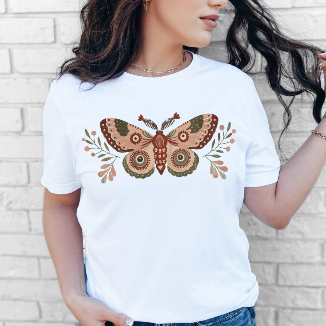 Folk moth graphic t-shirt white Bella+Canvas 3001 