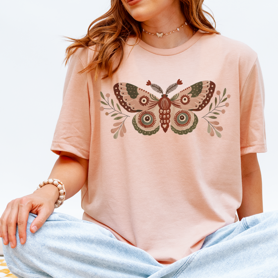 Folk moth hand-painted t-shirt heather peach 