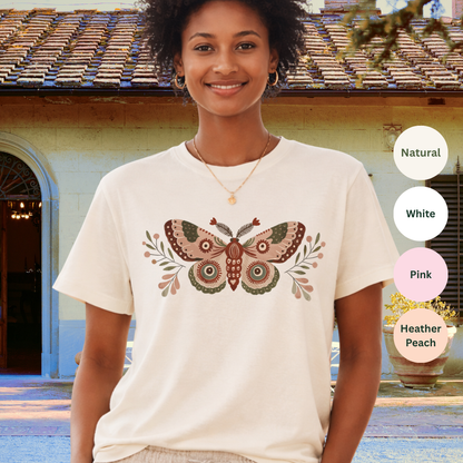 Folk moth hand-painted t-shirt natural Bella+Canvas 3001