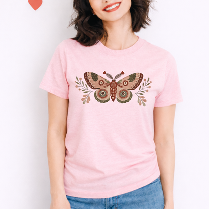 Folk moth print t-shirt pink Bella+Canvas 3001