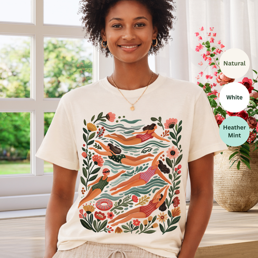 Folk swimmers and flowers t-shirt natural Bella+Canvas 3001