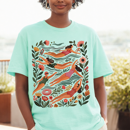 Folk swimmers floral t-shirt heather mint Bella+Canvas 3001