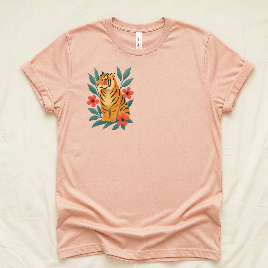 Folk tiger t-shirt heather peach Bella+Canvas 3001