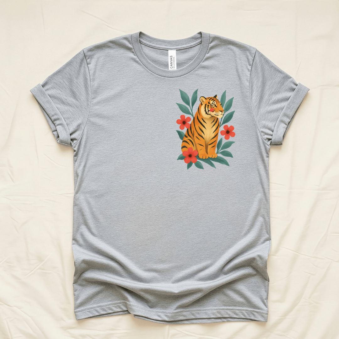Folk tiger with coral flowers t-shirt athletic heather Bella+Canvas 3001