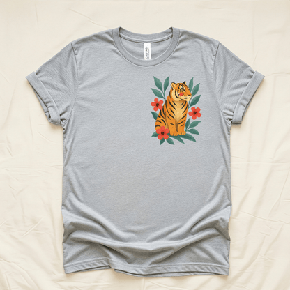 Folk tiger with coral flowers t-shirt athletic heather Bella+Canvas 3001