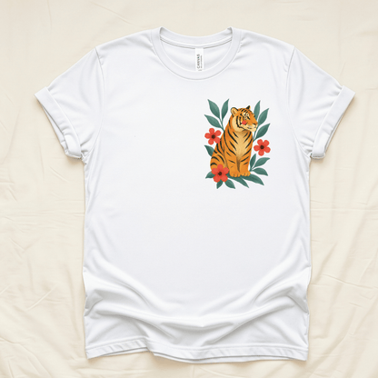 Folk tiger with coral flowers t-shirt white Bella+Canvas 3001