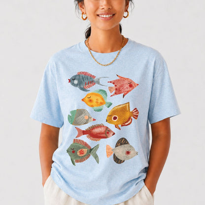 Folk tropical fish t-shirt heather ice blue Bella+Canvas 3001