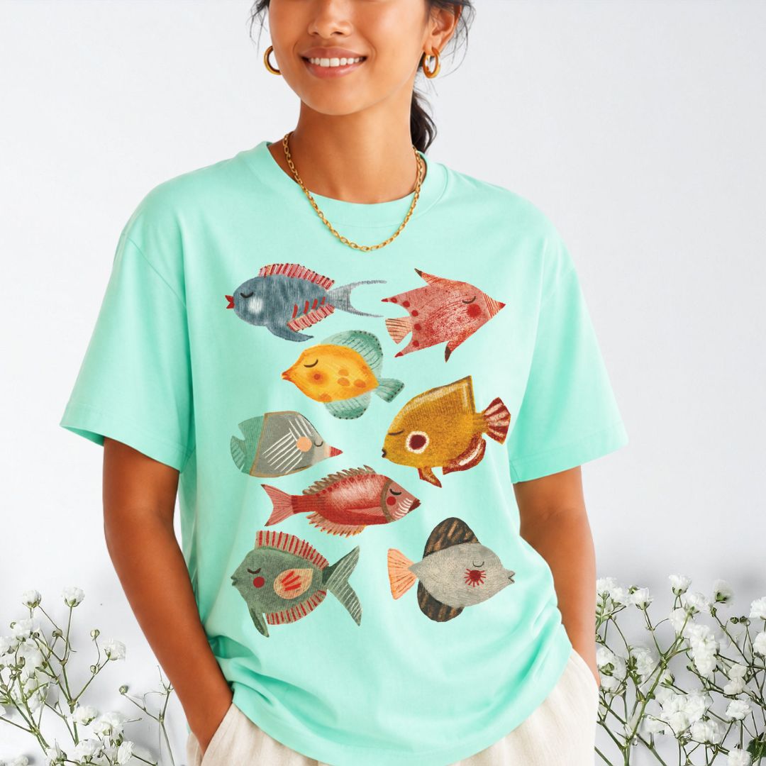 Folk tropical fish t-shirt heather mint Bella+Canvas 3001