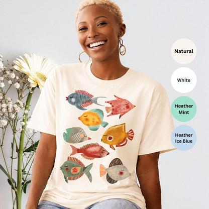 Folk tropical fish t-shirt natural Bella+Canvas 3001