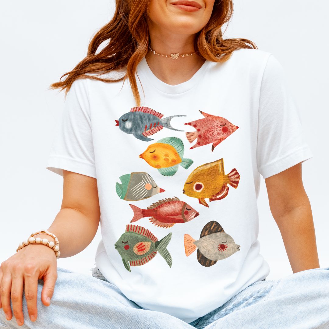 Folk tropical fish t-shirt white Bella+Canvas 3001