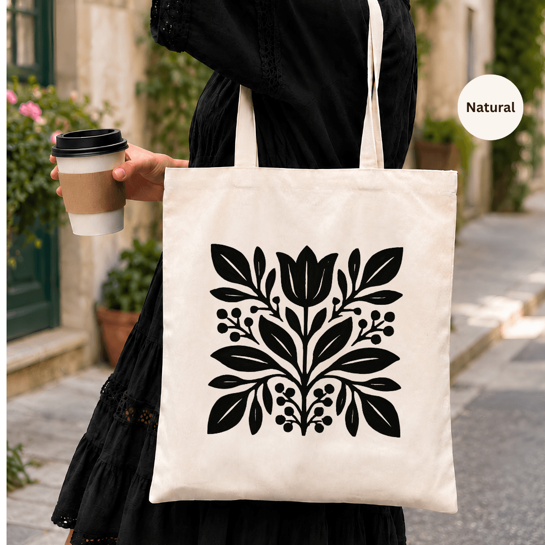 Folk tulip tote bag, black Scandinavian floral on natural canvas cotton tote