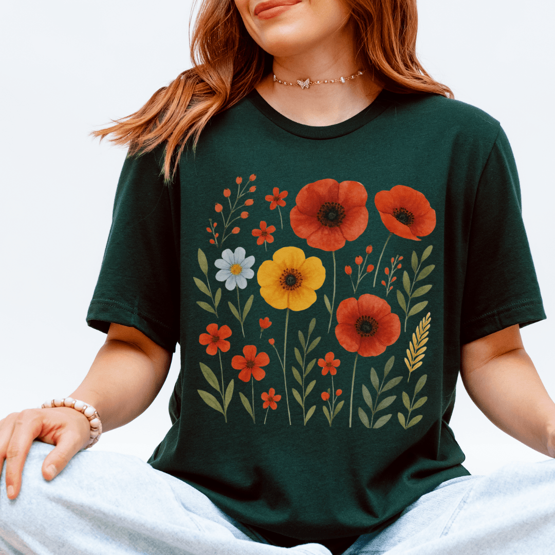 Forest green Bella+Canvas 3001 t-shirt with vintage wildflower graphic