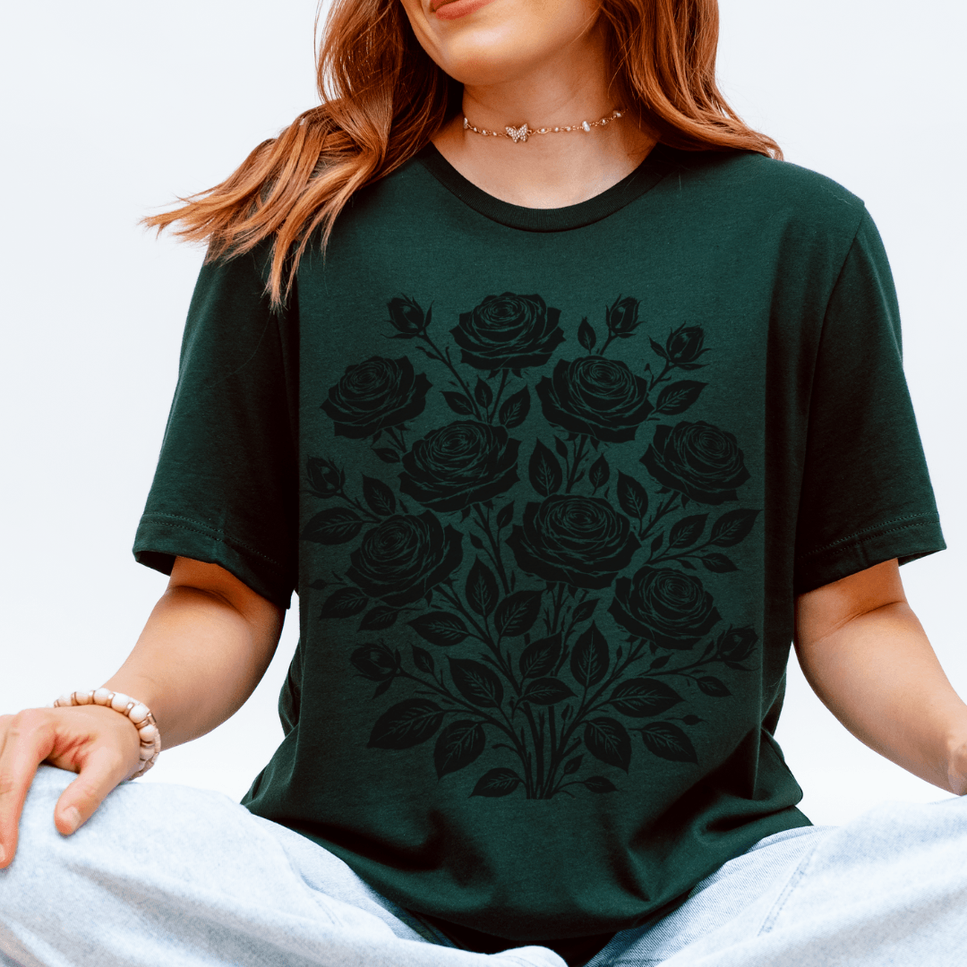 Forest green Bella+Canvas 3001 tee with black roses bouquet design