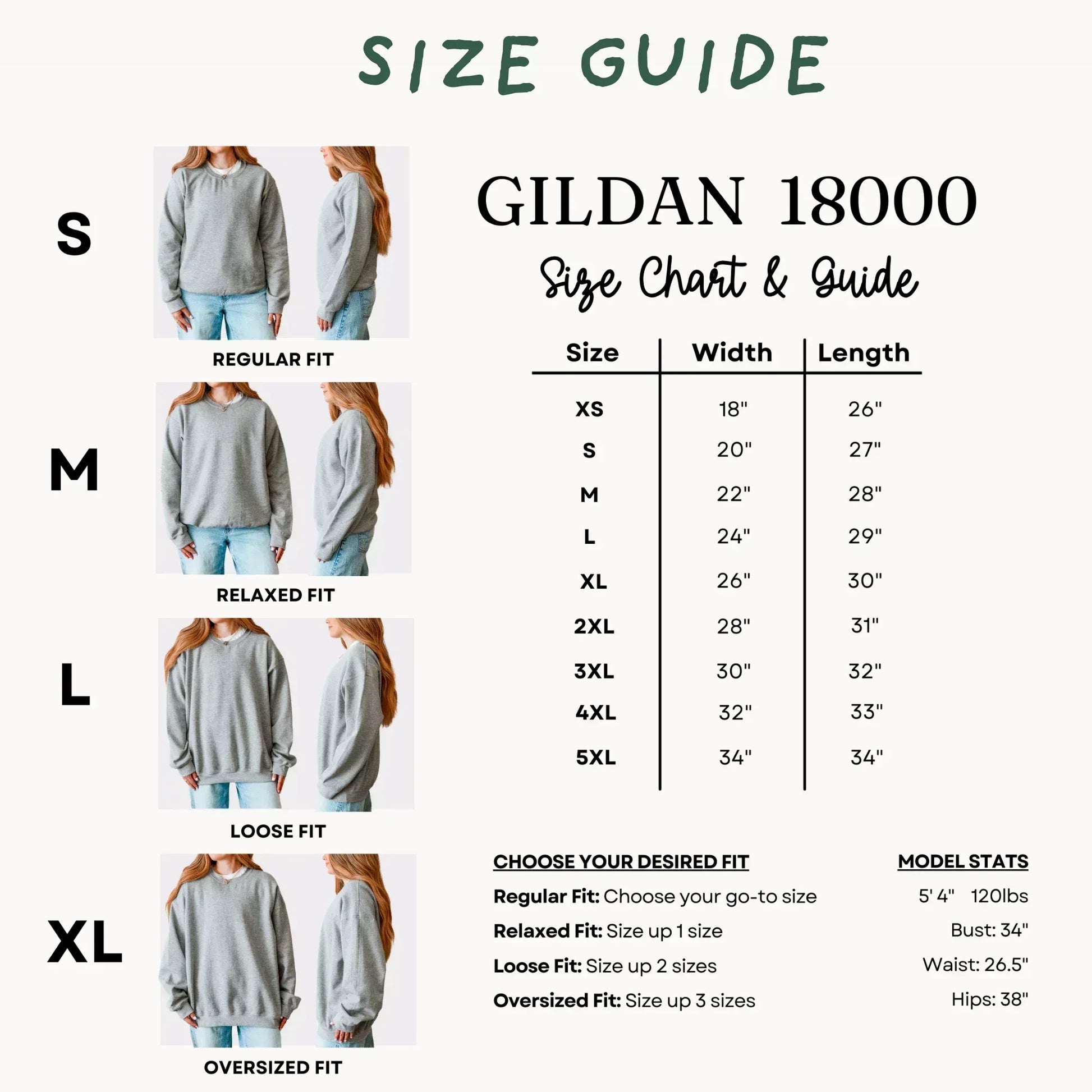 Gildan 18000 size chart and guide with various fit options and measurements.