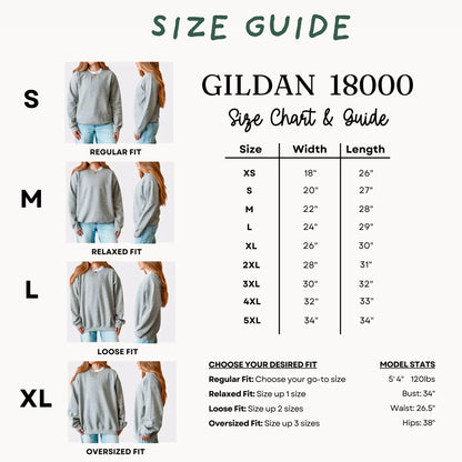 Gildan 18000 size chart and guide with various fit options and measurements.