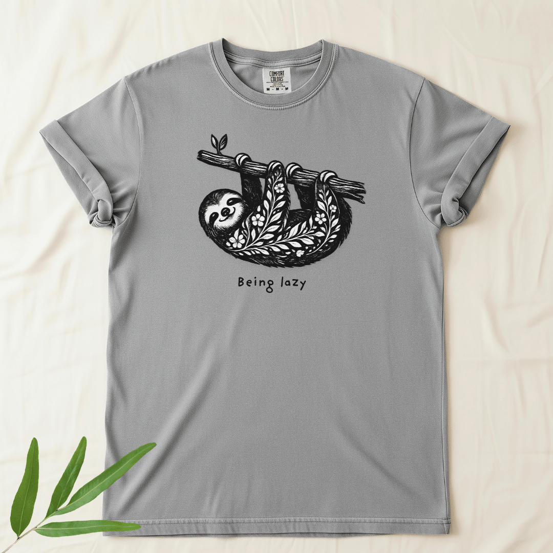 Grey Comfort Colors 1717 tee with hand-drawn sloth and Being Lazy text