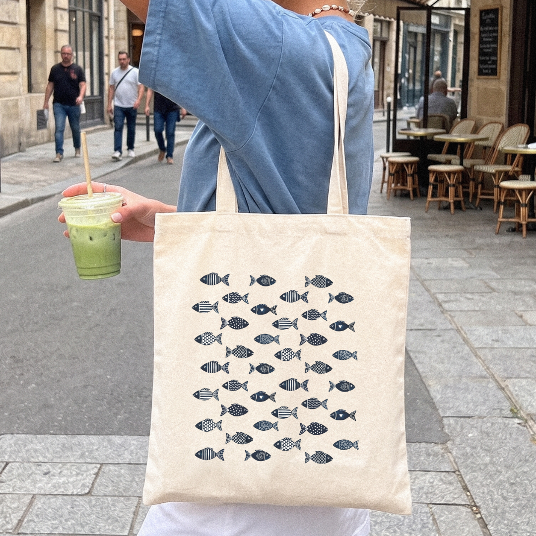 Hand-drawn blue fish tote bag, natural canvas cotton tote