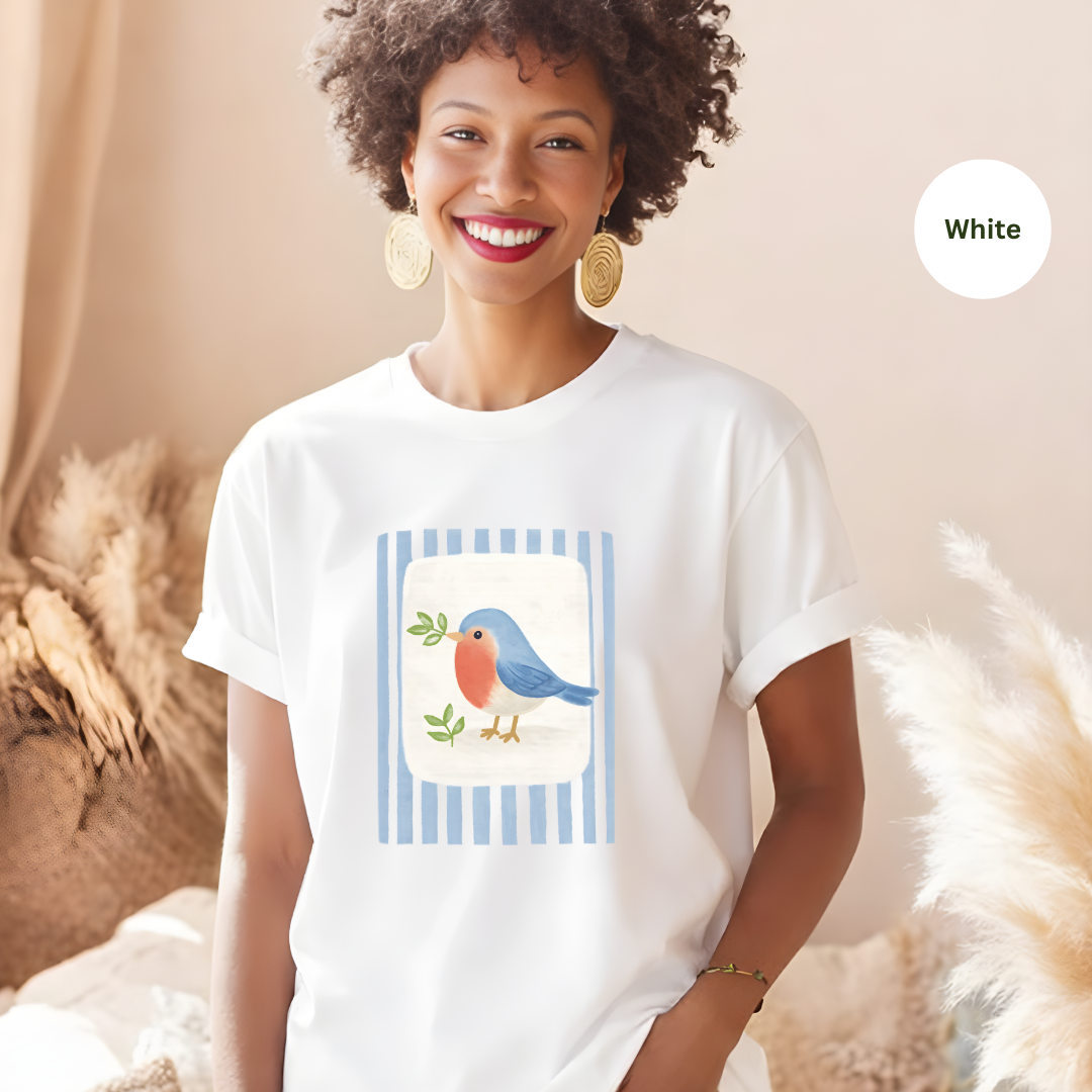 Hand-painted blue robin t-shirt white Comfort Colors 1717