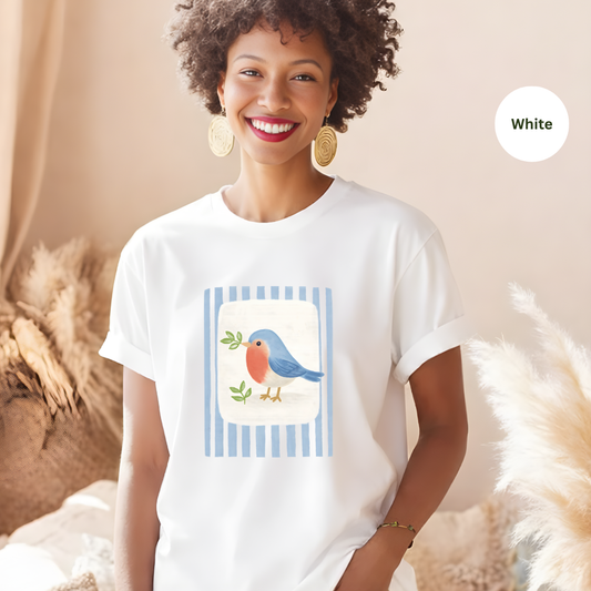 Hand-painted blue robin t-shirt white Comfort Colors 1717