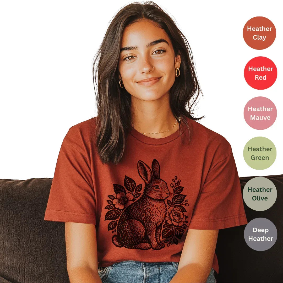 Heather clay t-shirt with vintage rabbit floral print