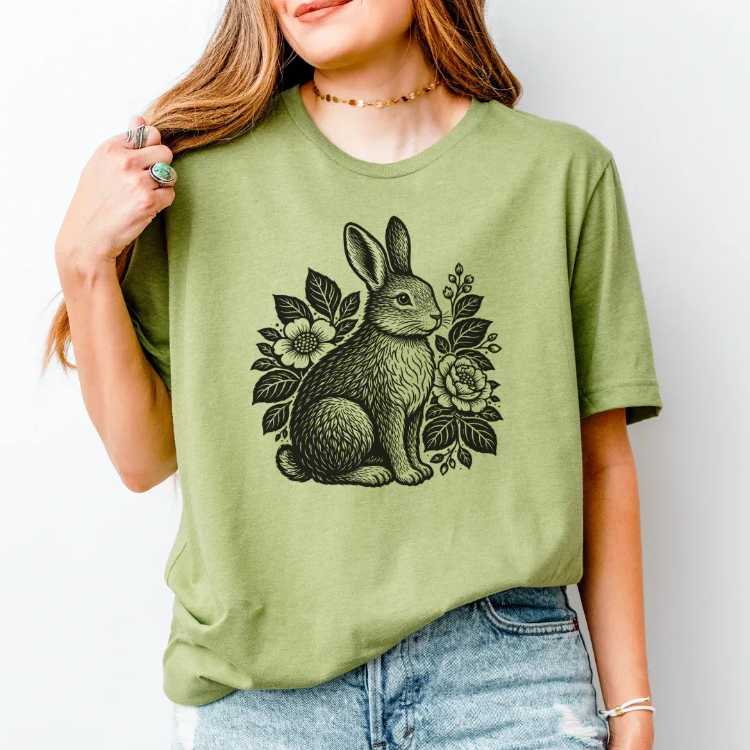 Heather green rabbit and wildflower graphic shirt