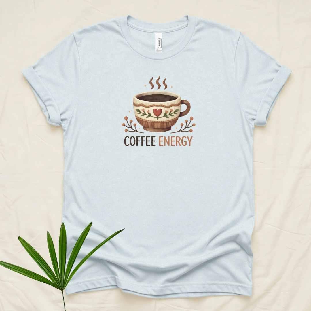 Heather ice blue Bella+Canvas 3001 tee with Coffee Energy steaming cup illustration